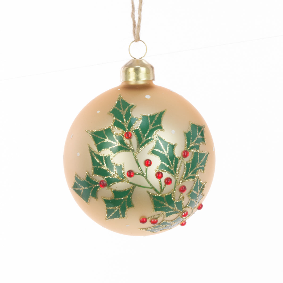 Glass Faye Champagne Holly Christmas Tree Bauble - 8cm