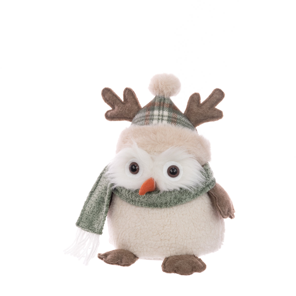 Sage Green Owl Christmas Ornament with Antlers, Wooly Hat & Scarf - 22cm