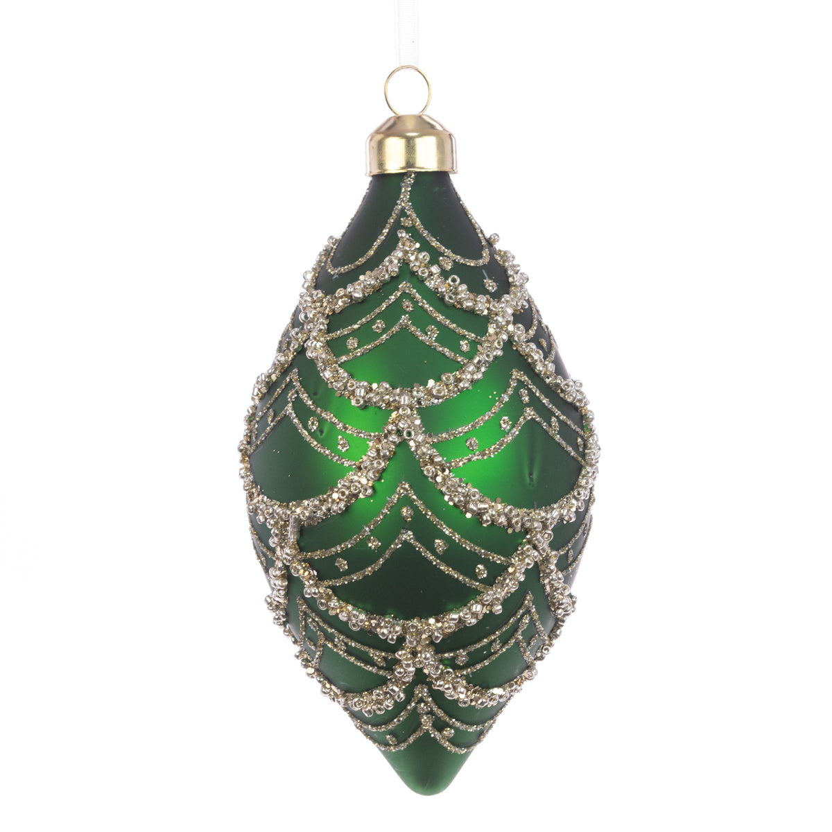 Glass Christmas Green and Gold Tinsel Tallula Finial Tree Bauble - 12cm