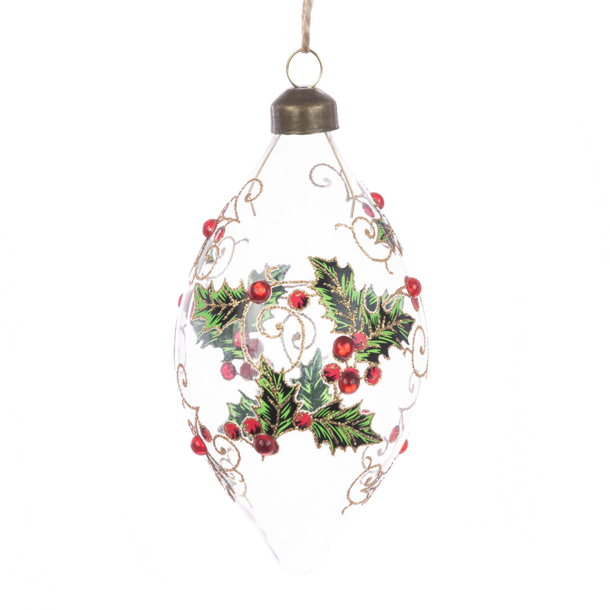 Clear Glass Margo Finial Christmas Tree Bauble with Holly Design - 12cm