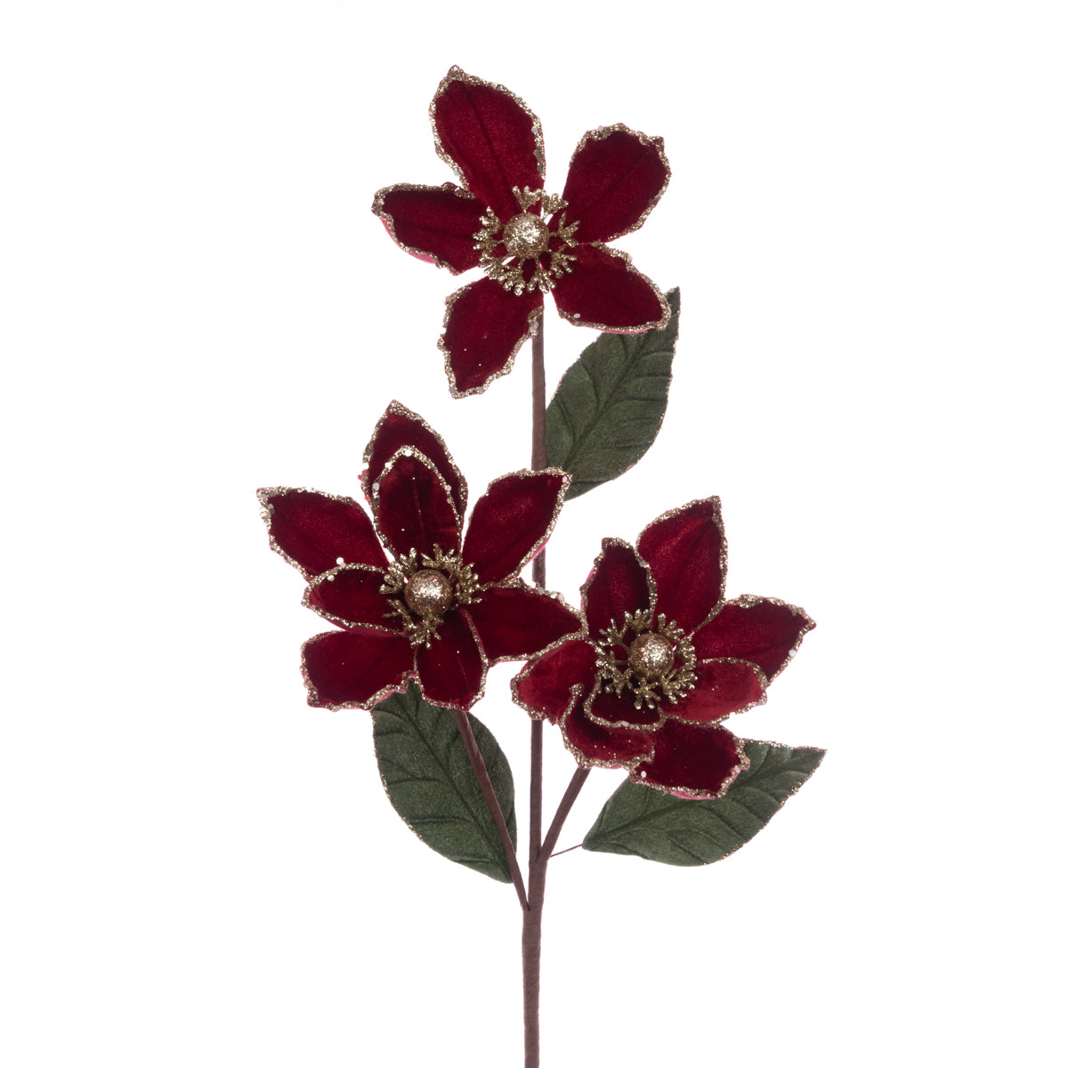 Dark Red Glitter Velvet Magnolia Spray - 65cm