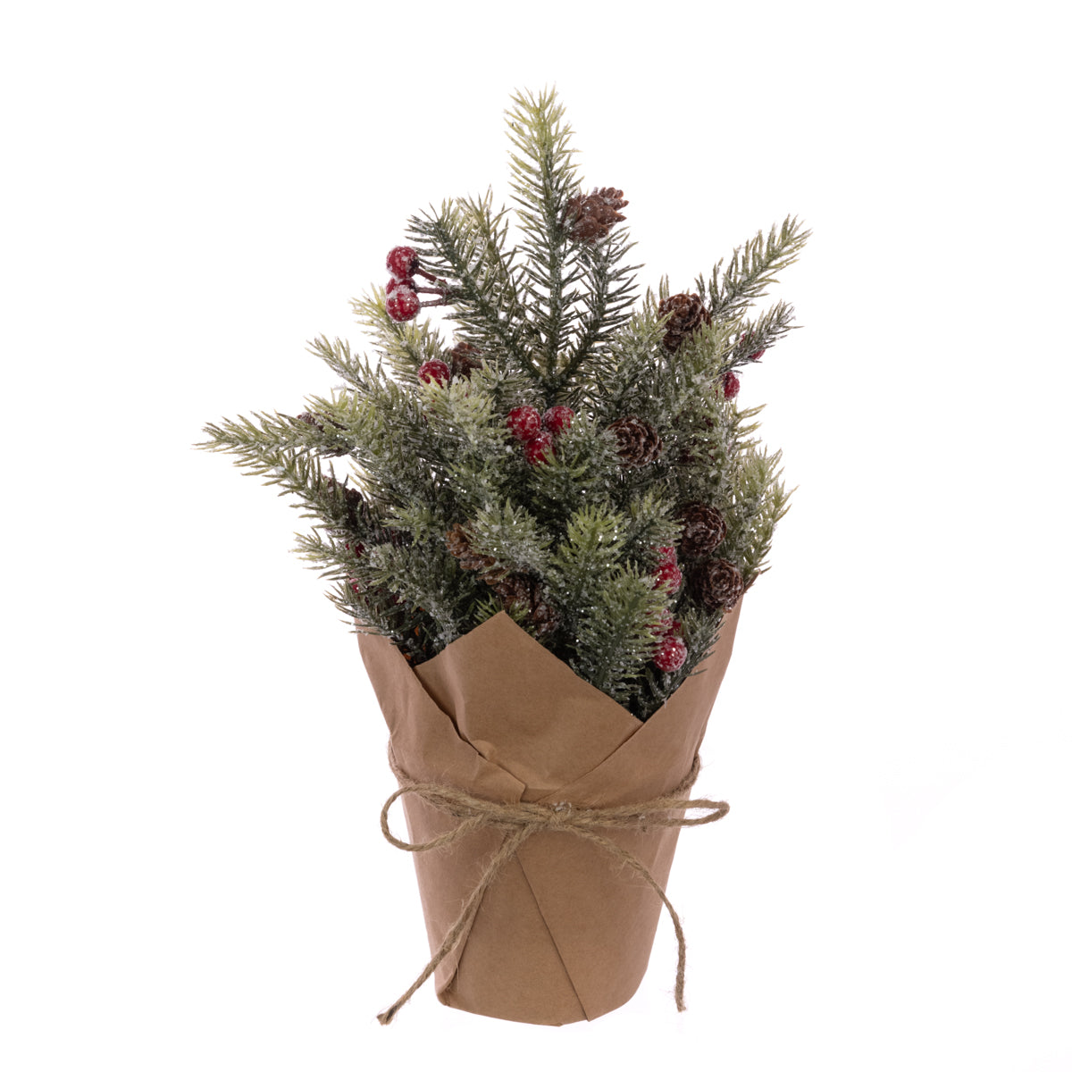 Frosted Pine & Berry Foliage in Wrapped Pot with Jute Bow