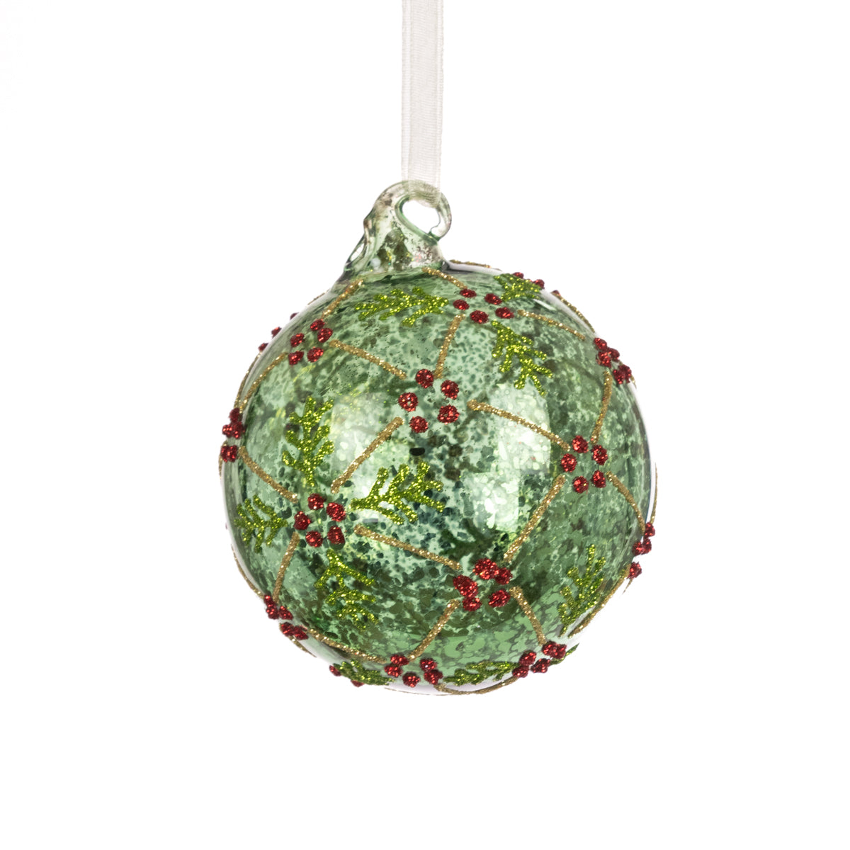 Green Glass Holly Bauble - 8cm