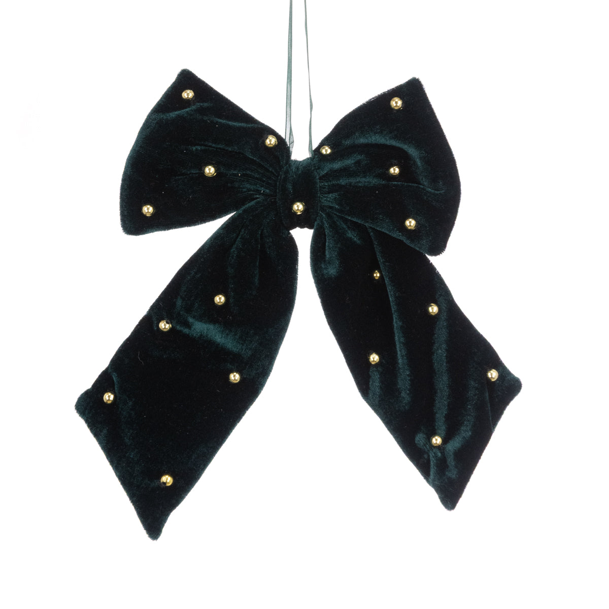Green Velvet Bow with Gold Beads - 20cm