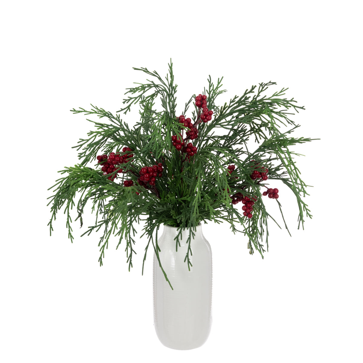 Cypress Foliage & Red Berries in White Vase Pot - 22cm