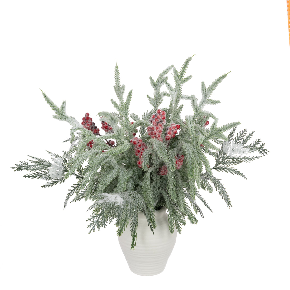 Snowy Frosted Pine Tree Foliage & Berry in White Pot - 43cm