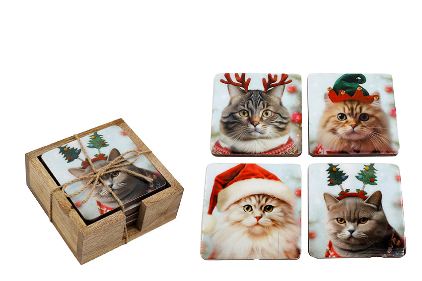 Christmas Cat Enamel Coasters - Set of 4