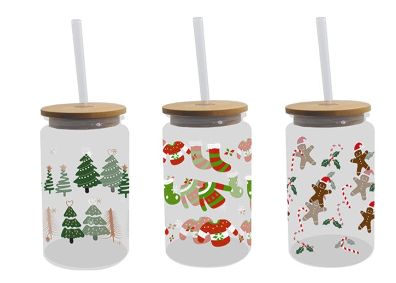 Christmas Festive Glass Drinking Cup with Straw 480ml