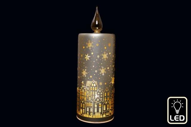 Led Glass Candle City Scene  9x26.5cm