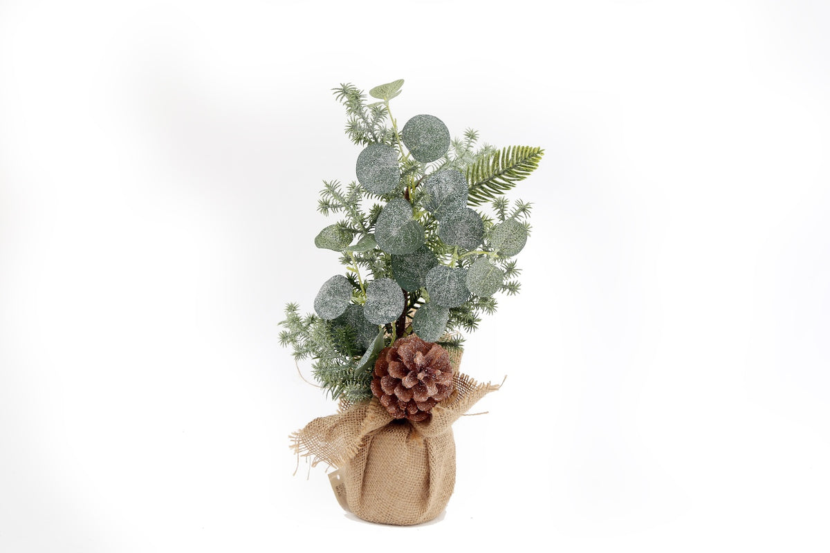 38cm Artificial Frosted Foliage & Pinecone in Jute Pot