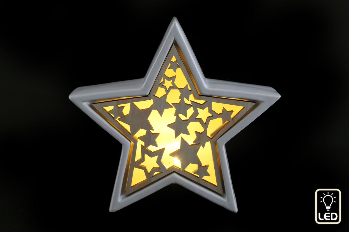 White Ceramic & Wood Christmas Star Light Up LED Decoration - 20cm
