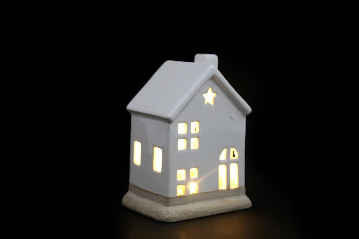 White Ceramic LED House Decoration - 14cm