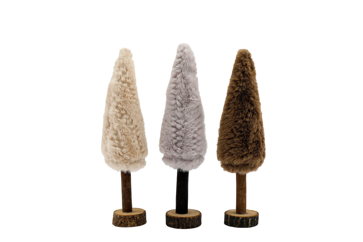 30cm Faux Fur Wooden Christmas Tree on Wooden Base