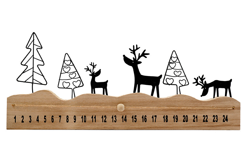 Natural Wood & Black Reindeer Scene Advent Countdown 35cm