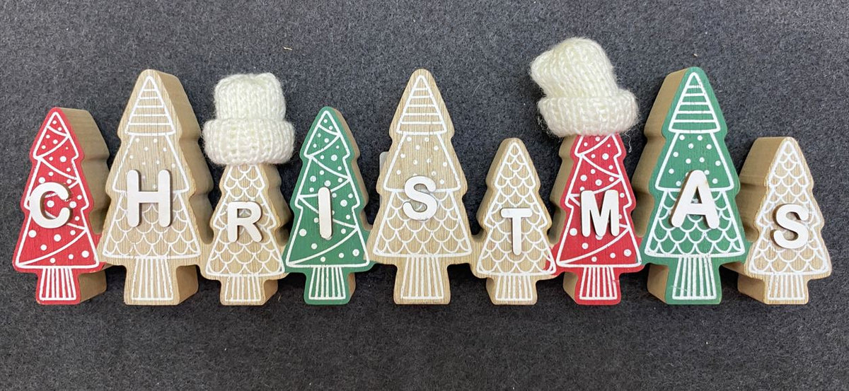 Wooden Row of Christmas Trees Sign with Woolly Hats - 30cm