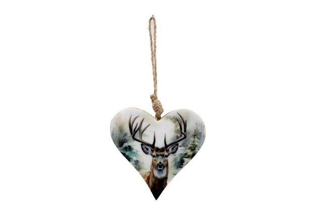 Heart Shaped Wooden Hanging Decoration with Highland Stag - 14cm