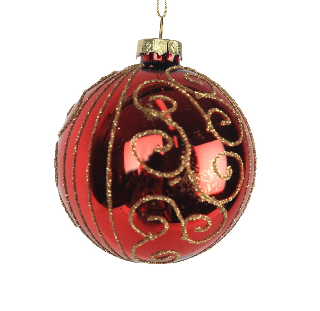 Christmas Red & Gold Swirl Detailed Glass Bauble - 8cm