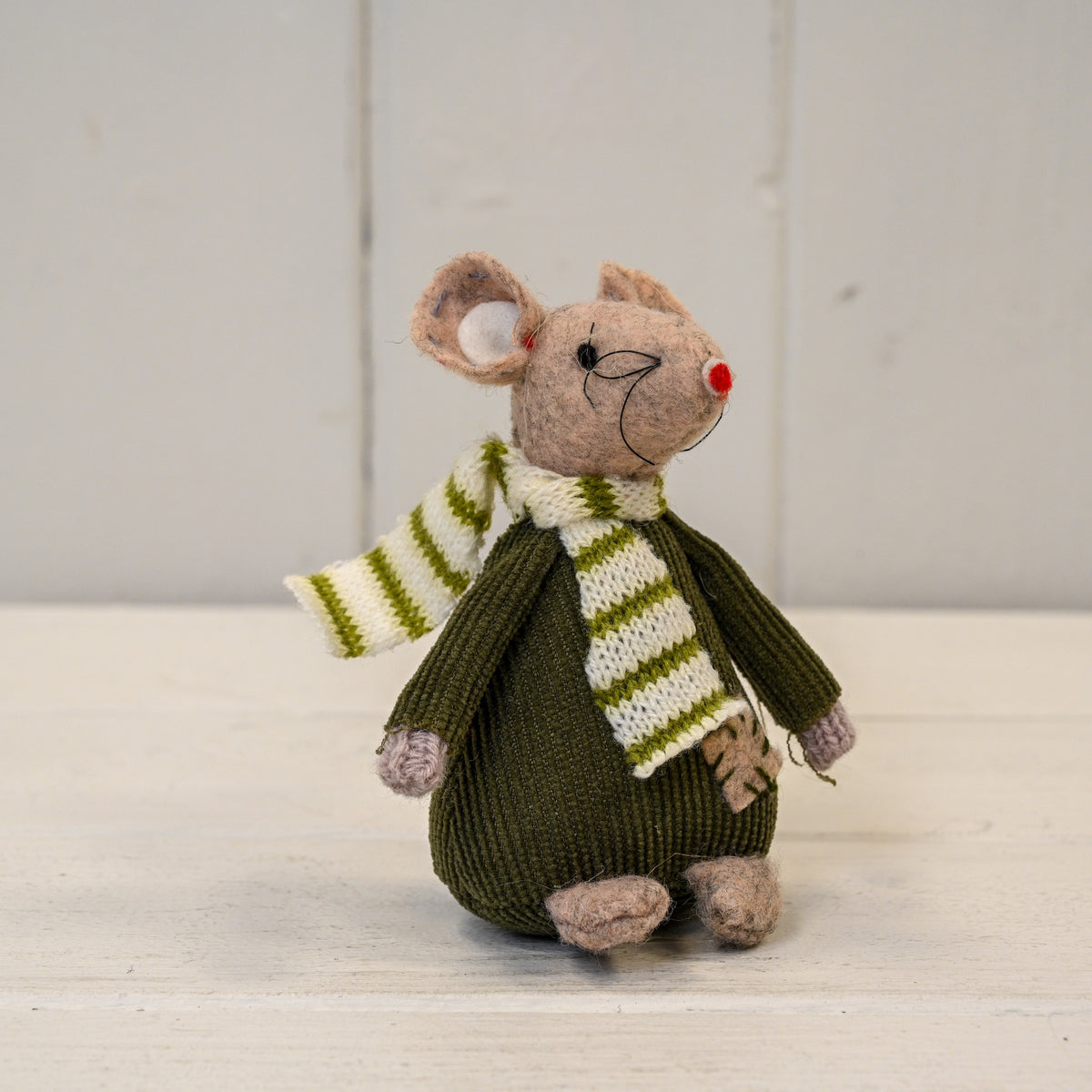 Fabric Mouse with Green Jumper and Stripy Scarf Decoration