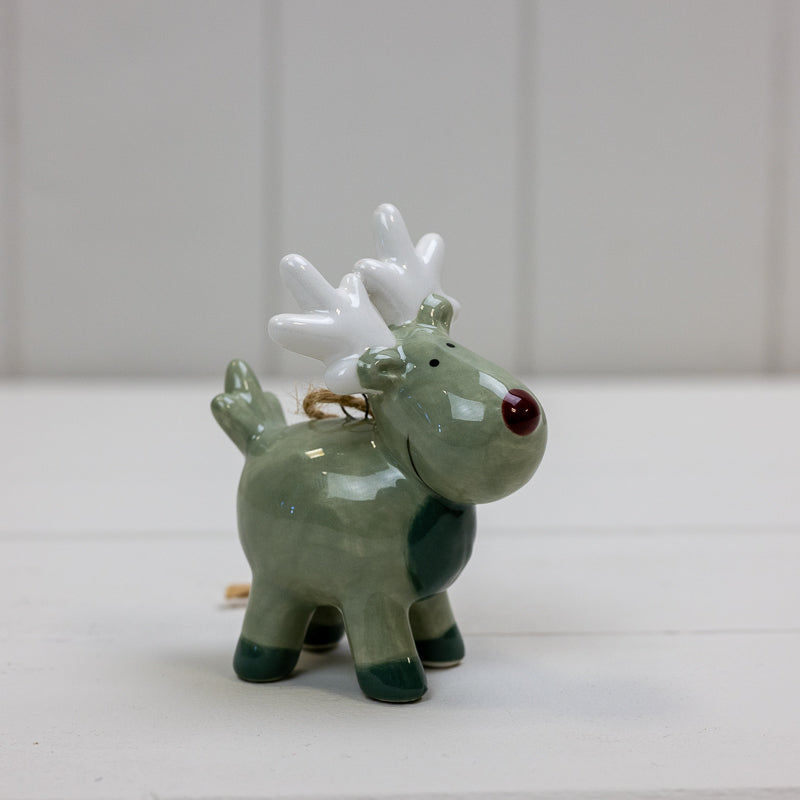 Light Green and White Ceramic Hanging Reindeer Decoration - 7.7cm