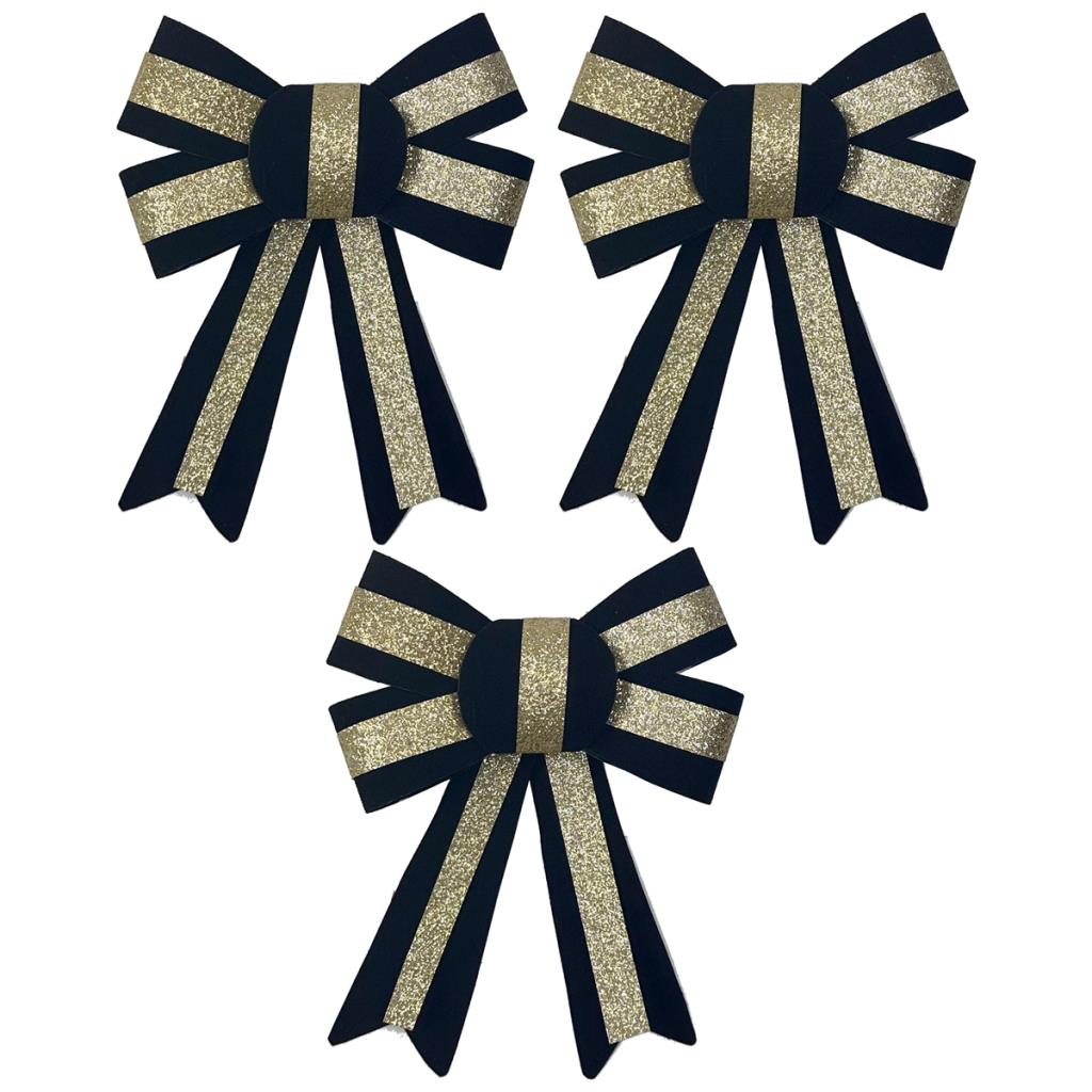 Black & Gold Velour Bows Set of 3 - 13cm