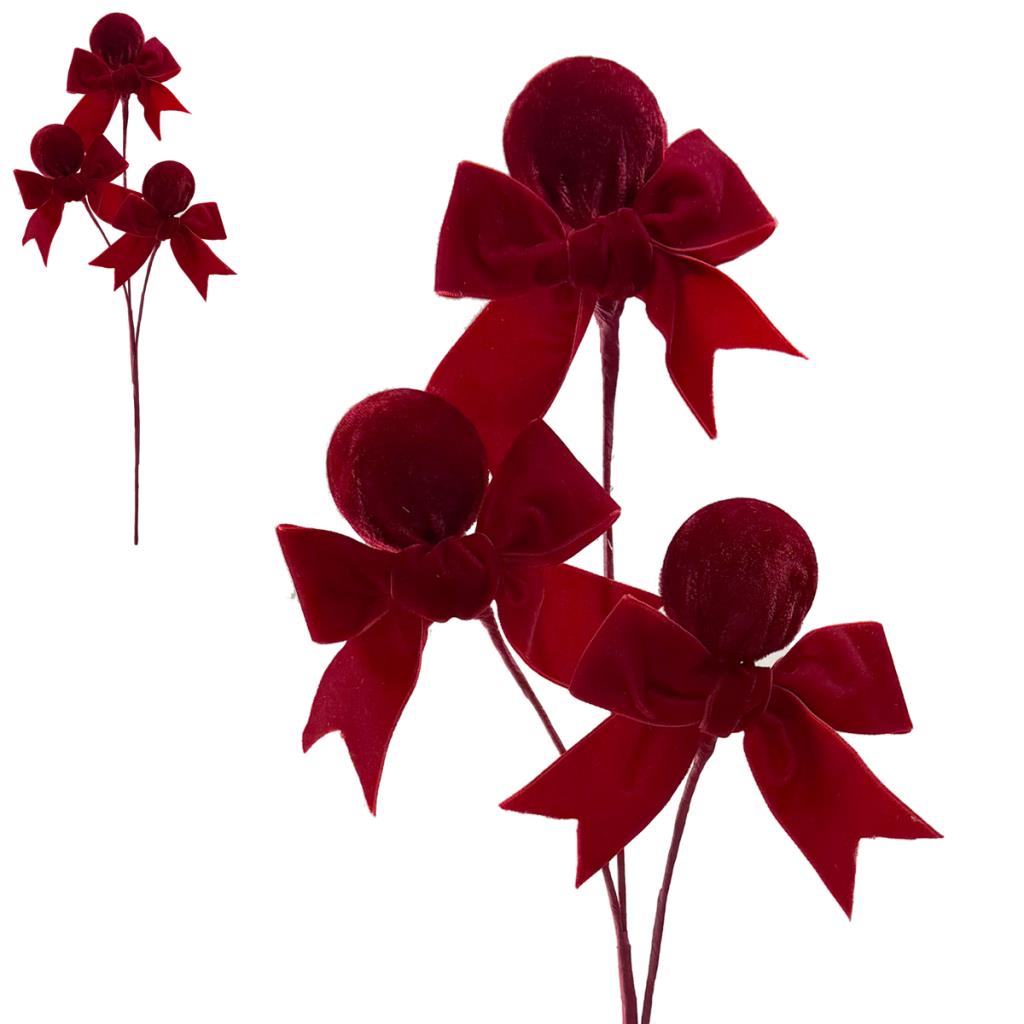Dark Red Burgundy 3 Pom Pom & Bow Ball Stem - 57cm