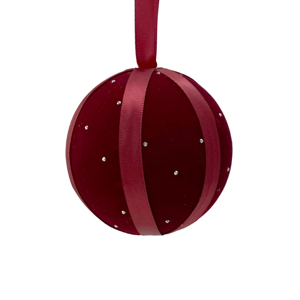 Red Ribbon Velvet Bauble with Jewels - 8cm