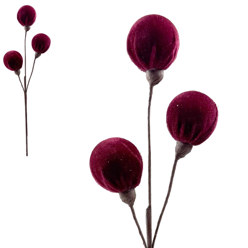 Dark Red Burgundy 3 Velvet Pom Pom Ball Stem - 48cm