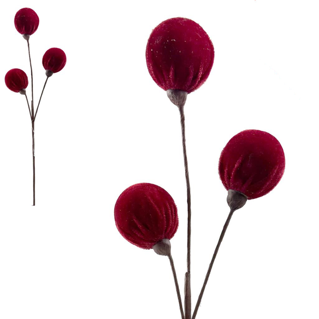 Red 3 Velvet Pom Pom Ball Stem - 48cm
