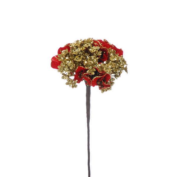 Red & Gold Glitter Hydrangea Stem - 40cm