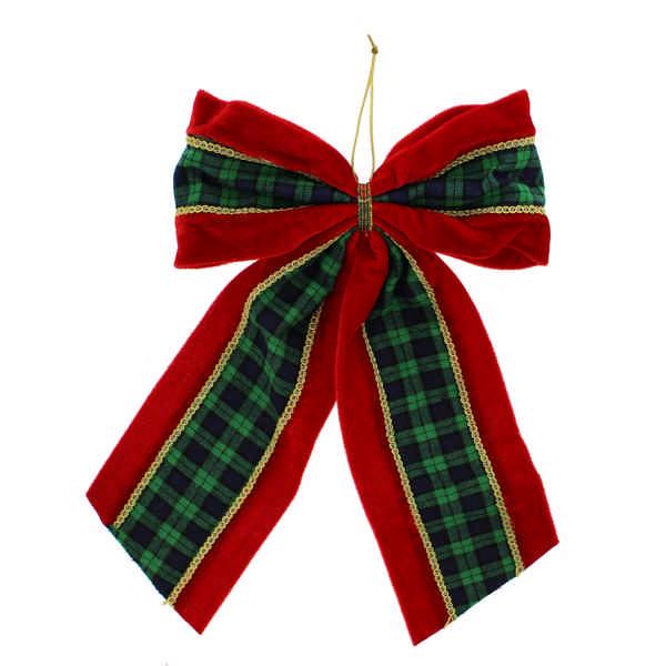 Red, Green & Gold Fabric Hanging Bow - 35cm