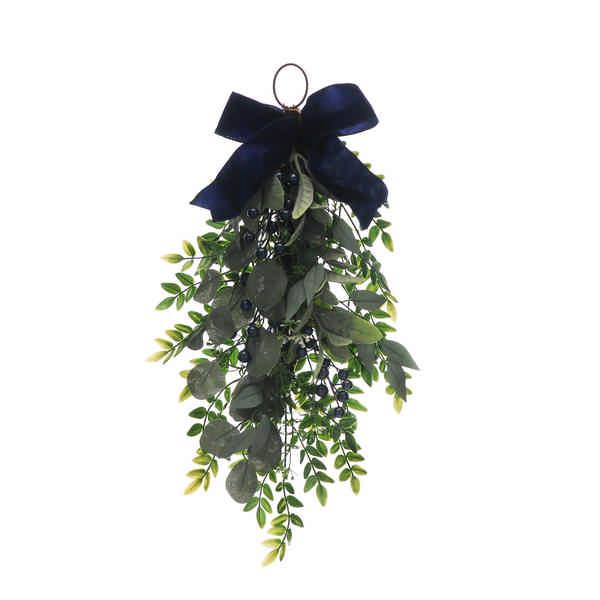 50cm Navy Blue Bow Ribboned Eucalyptus Hanging Bunch with Blue Berries
