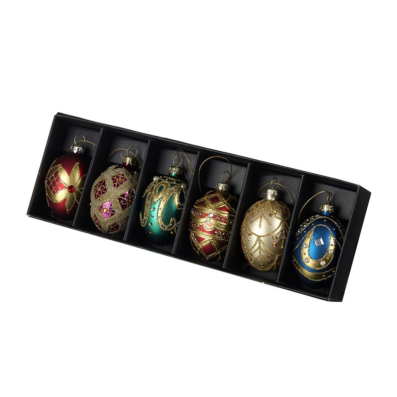 Ornate Glass Hanging Oval Egg Shaped Baubles - Set of 6