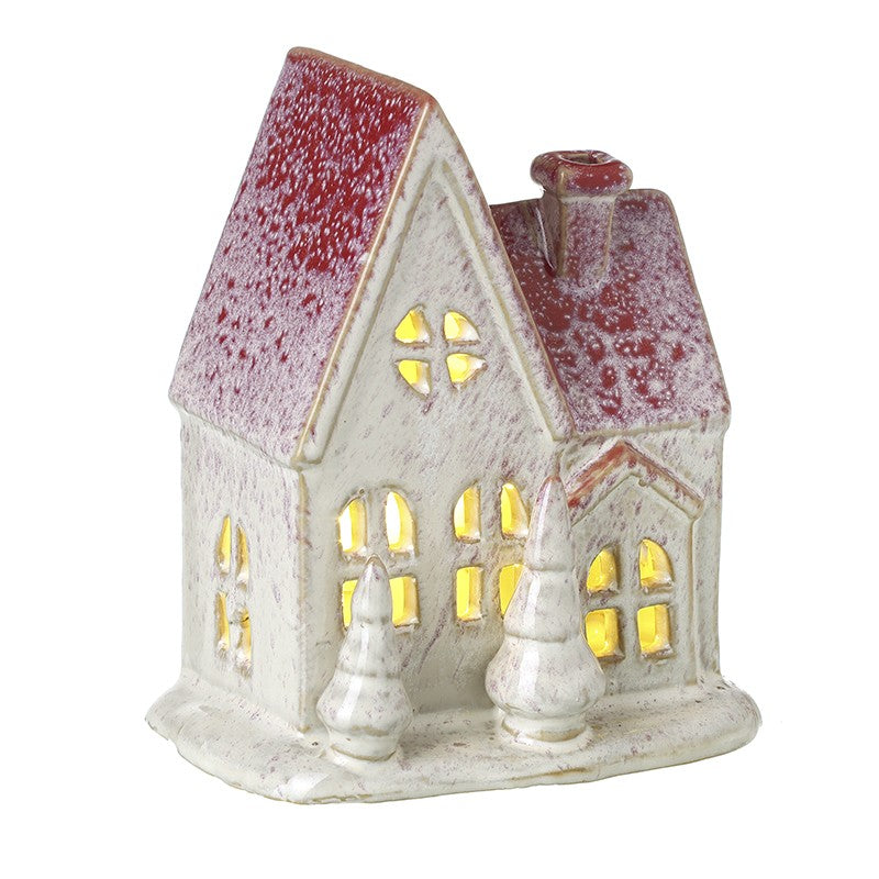 Ceramic White House with Trees & LED Lights