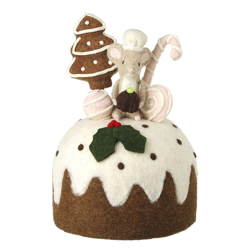 Large Felt Mouse on Christmas Pudding with Tree Decoration