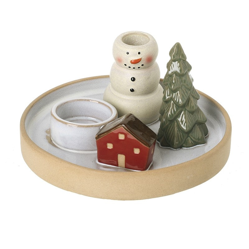 Tea Light & Candle Stick Holder Plate with Snowman, House & Tree Scene