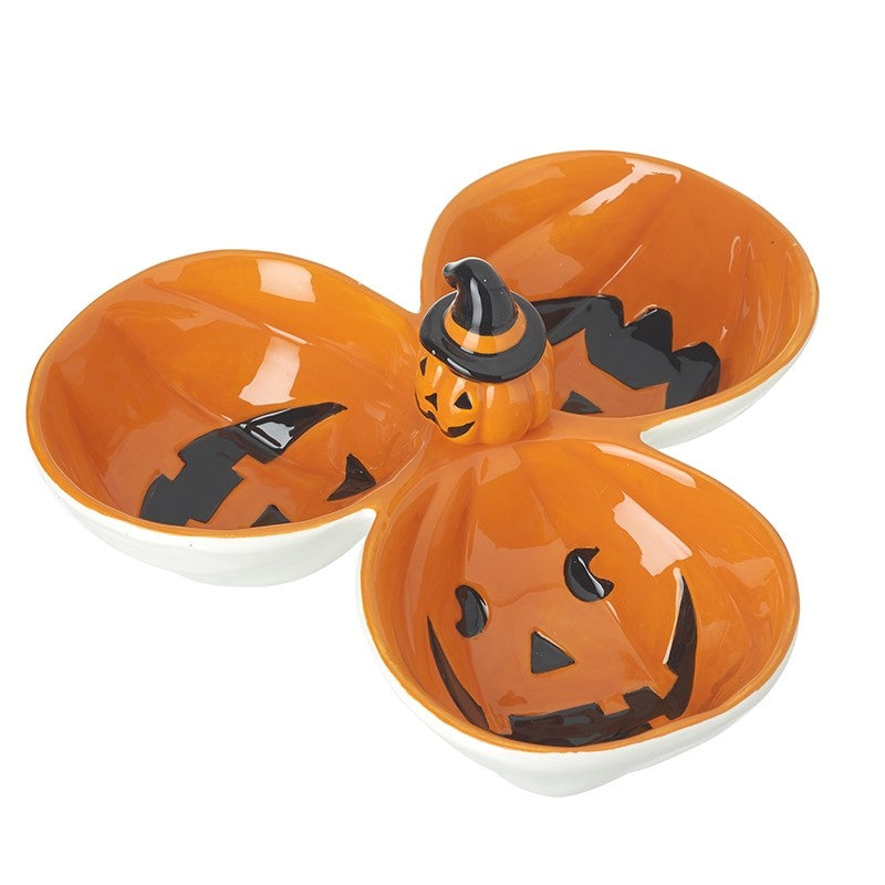 Halloween Ceramic Pumpkin Three Part Treat Dish