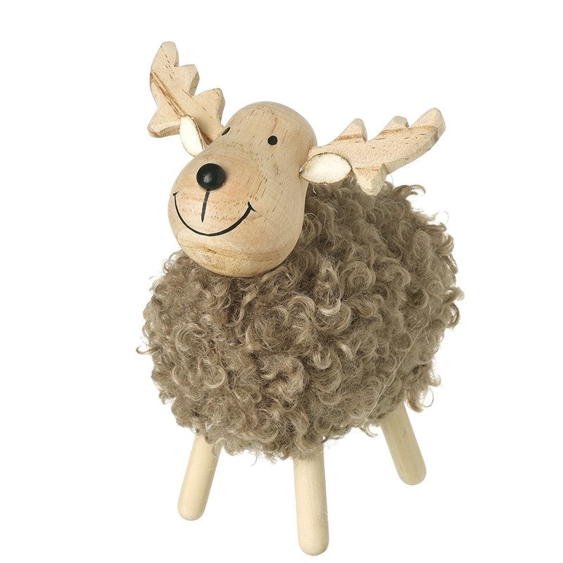 Standing Fluffy Wooden Reindeer Ornament - 17cm
