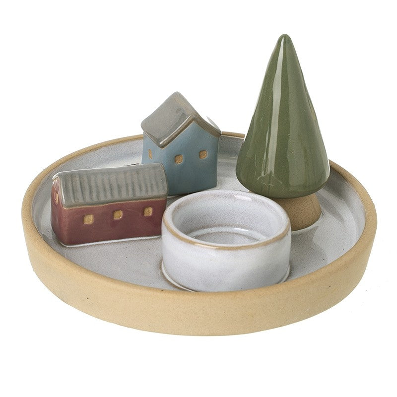 Tree Ceramic Scene with Houses Plate Tea Light Holder