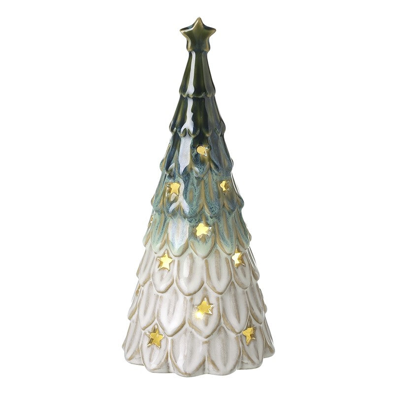 Green & White Ceramic Light-Up Tree Ornament - 25cm