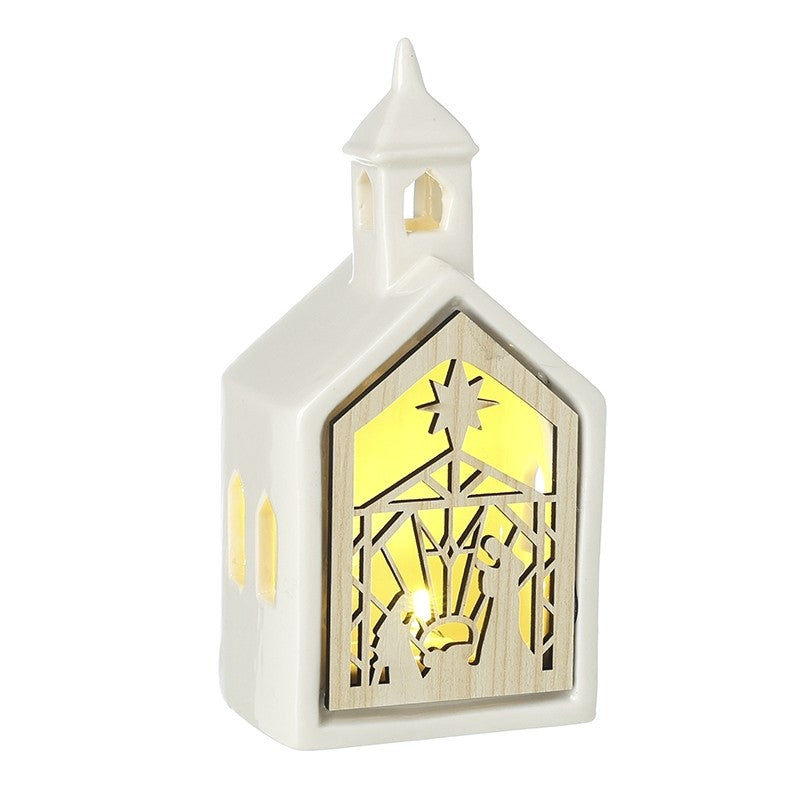 Light Up White Cut Out Church Nativity Ornament