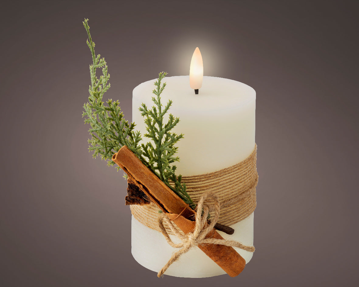 Light Up Cream Wax Candle with Jute Ribbon & Foliage - 13cm