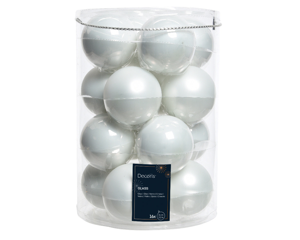 Winter White 8cm Glass Baubles in Matt & Shiny Finish - Tube of 16