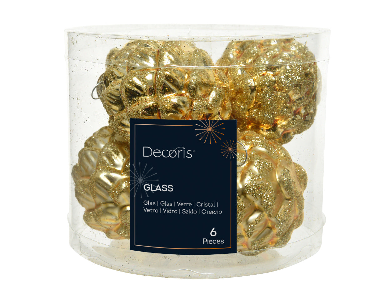 Light Gold Glass Shiny and Matte Pinecone Baubles - Tube of 6