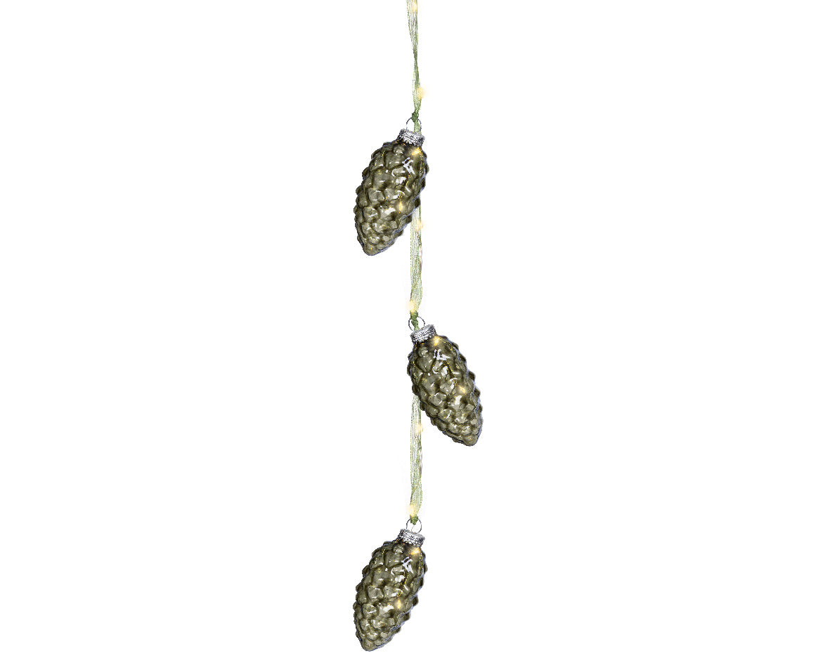 Warm White Micro LED Pinecone Bauble Light Bundle with Green Ribbon - 28cm 15 LEDs