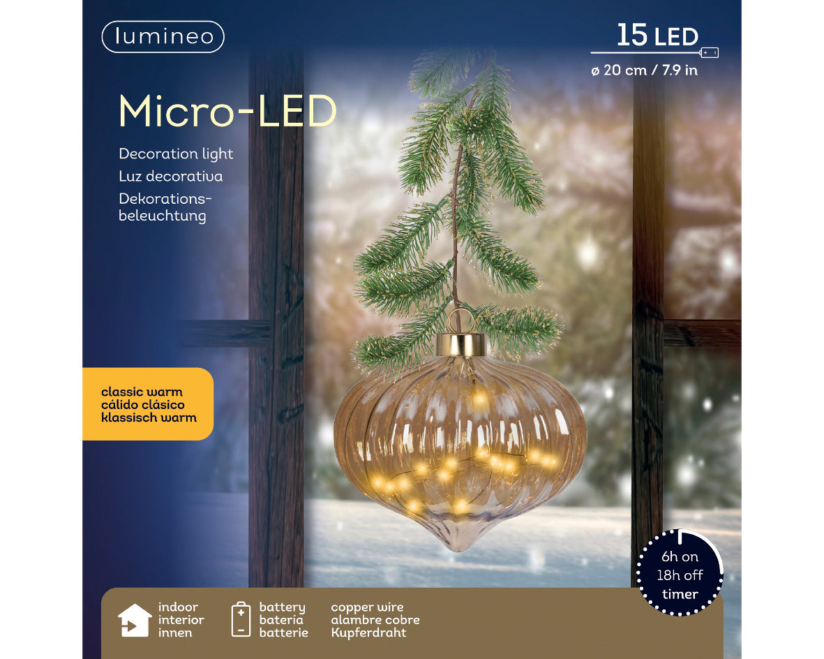 Micro LED Classic Warm Amber Glass Onion with Garland Hanger - 20cm 15 ...