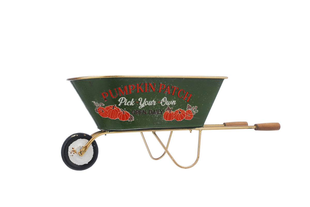 Metal Green Pumpkin Patch Wheelbarrow Decoration - 70cm