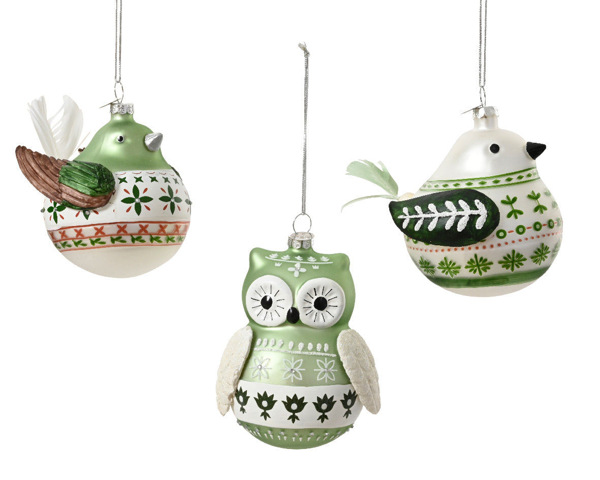 Bird Matcha Green Patterned Glass Christmas Bauble