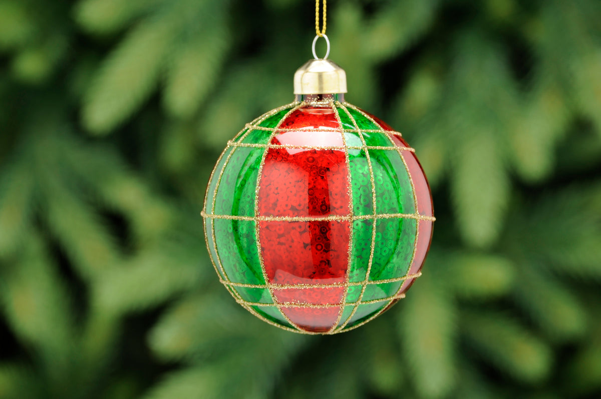 Green & Red Glass Bauble with Gold Glitter Check Lines - 8cm