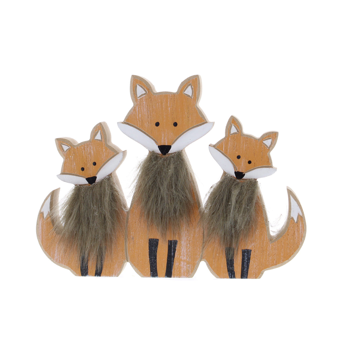 Orange Wooden Foxes with Faux Fur Table Top Decoration - 17cm