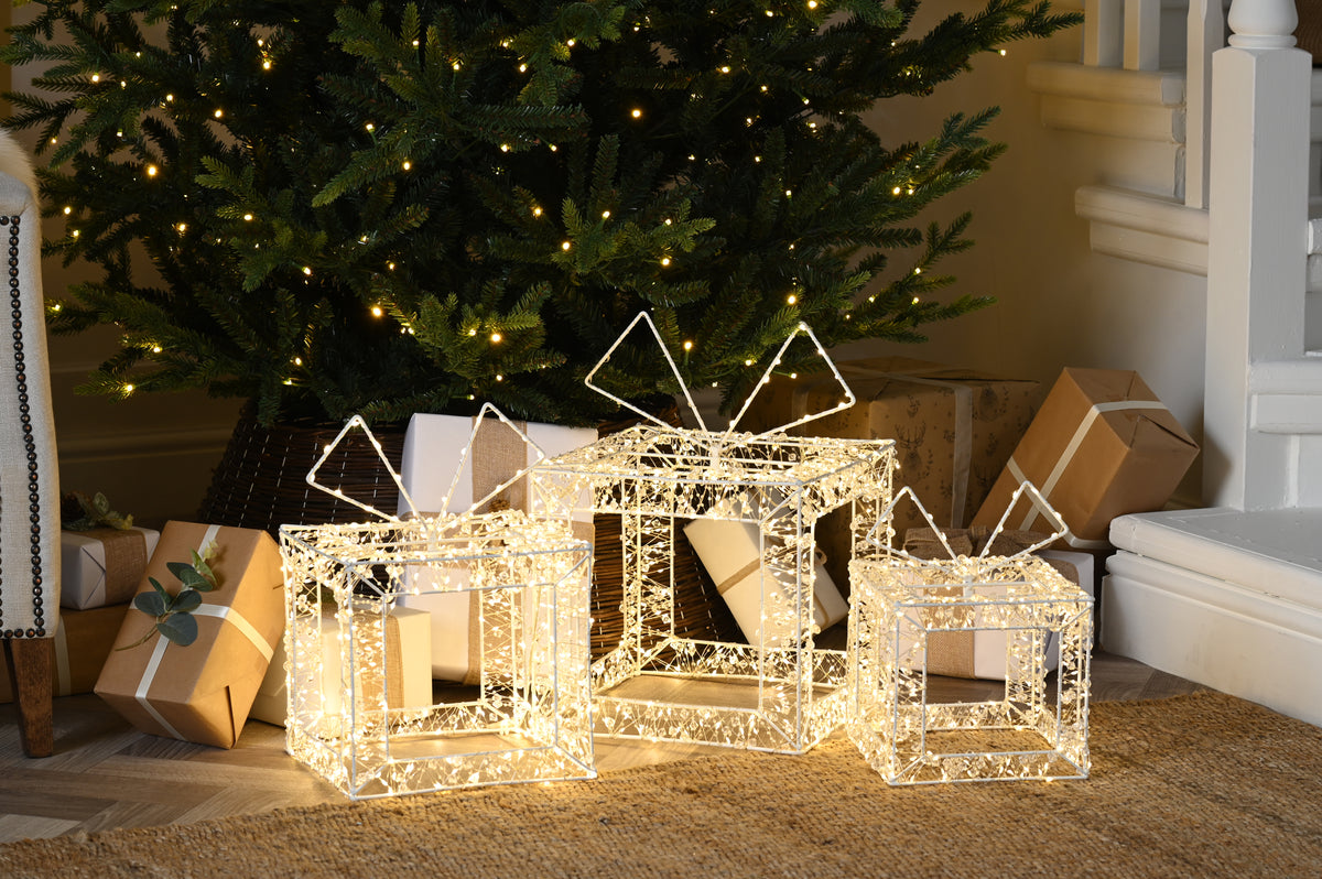 Set of 3 Warm White LED Light Up Twinkling Open Beaded Parcels